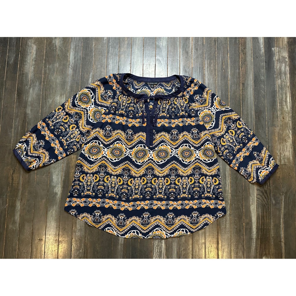 Zac & Rachel Woman Navy Blue Orange Paisley Print 3/4 Sleeve Tie Neck Blouse 2X